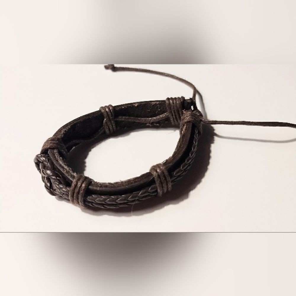 Men's bracelet leather braided layered brown new d77